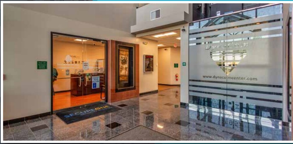 Office hallway with frosted glass partitions
